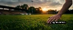Eine Hand fährt über den gepflegten Rasen eines Fußballplatzes und verdeutlicht die hohe Qualität der professionellen Rasenpflege.