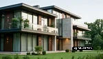 Modernes Mehrfamilienhaus mit gepflegten Rasen- und Grünflächen und einer hochwertig gestalteten Außenanlage.